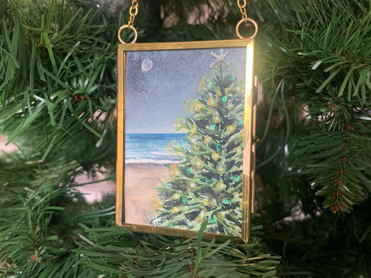 Christmas Beach Moonlight Blue Original Painting in Hanging Brass Frame