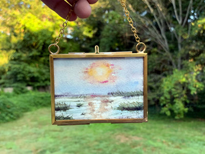 Sunset Tidal Pool Metallic Original Painting in Hanging Brass Frame