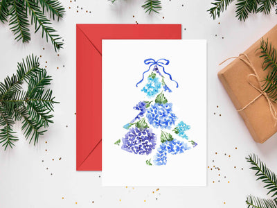 Blue Hydrangea Tree 5x7 Blank Christmas Greeting Card