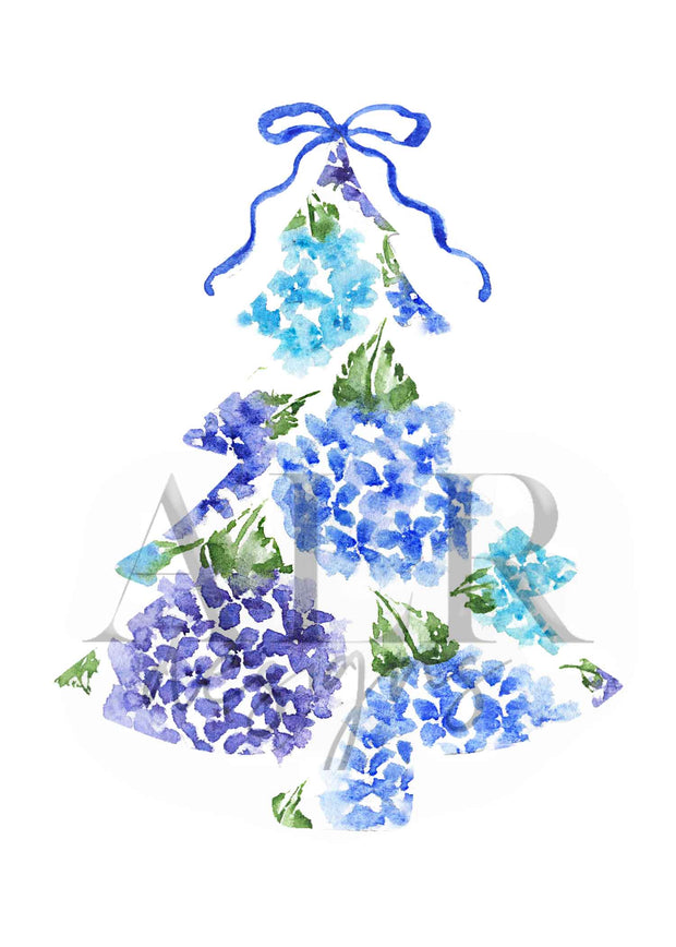 Blue Hydrangea Tree 5x7 Blank Christmas Greeting Card