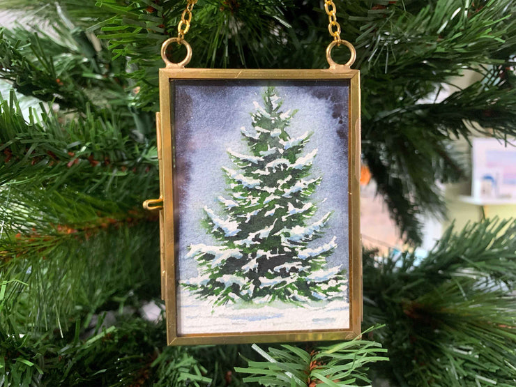 Sparkling Winter Evergreen Original Painting in Hanging Brass Frame