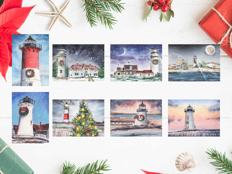 Cape and Islands Christmas Lighthouse Card Set 5 or 8