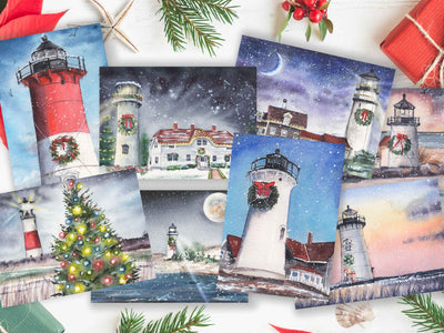 Cape and Islands Christmas Lighthouse Card Set 5 or 8