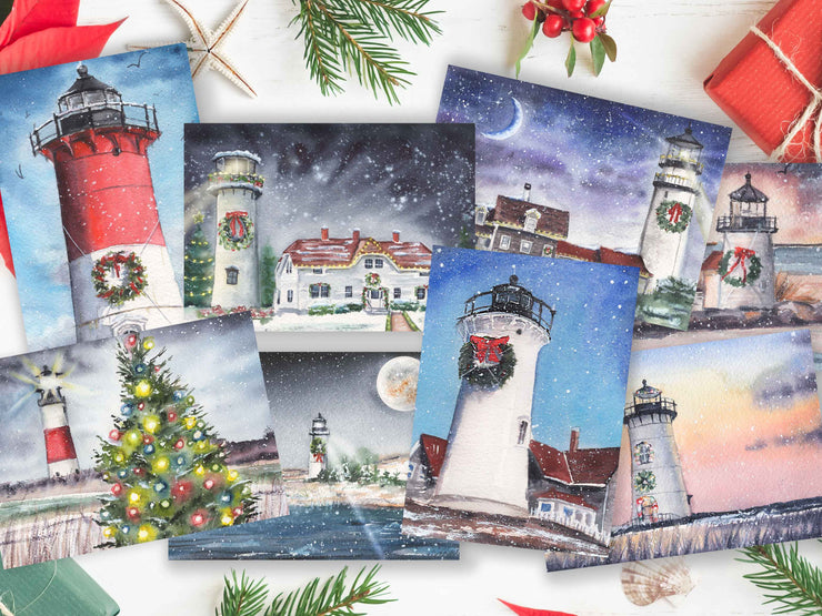 Cape and Islands Christmas Lighthouse Card Set 5 or 8