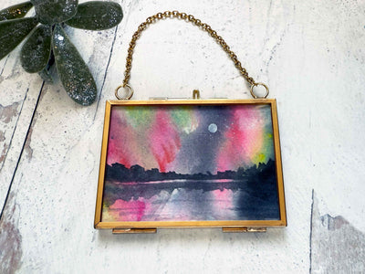 Northern Lights Pink Original Painting in Hanging Brass Frame