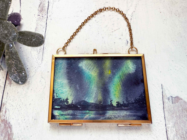 Northern Lights Green Original Painting in Hanging Brass Frame