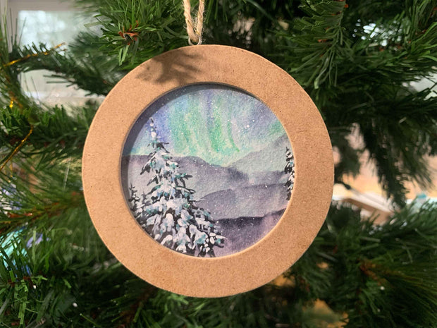 Hand-painted Watercolor "Snowy Northern Lights" Ornament