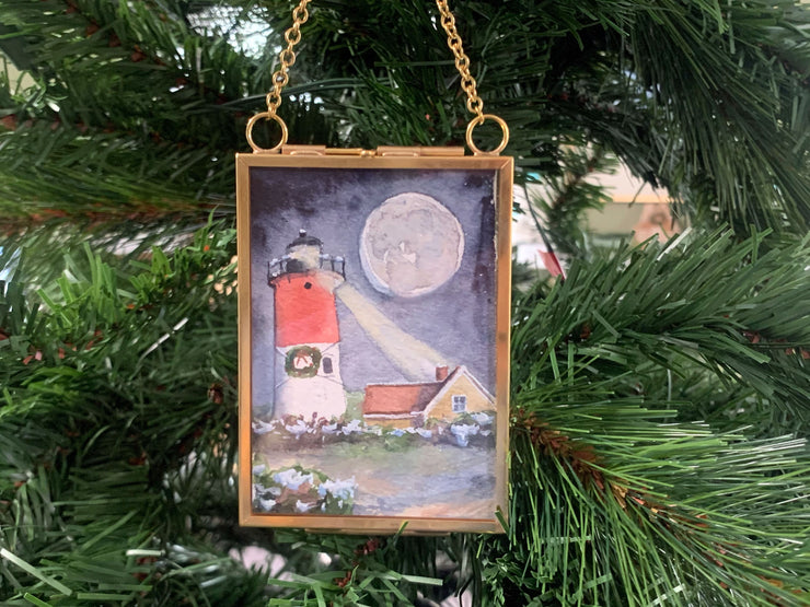 Christmas Nauset Light Original Painting in Hanging Brass Frame *reserved*