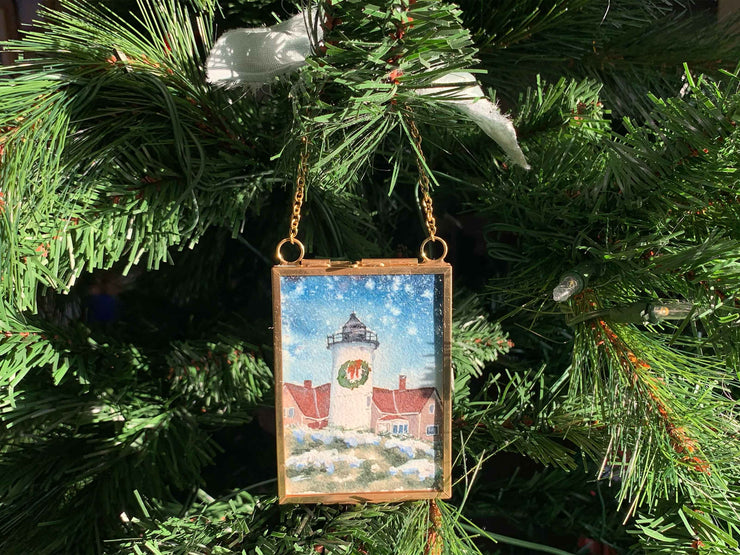 Nobska Light Christmas Original Painting in Hanging Brass Frame