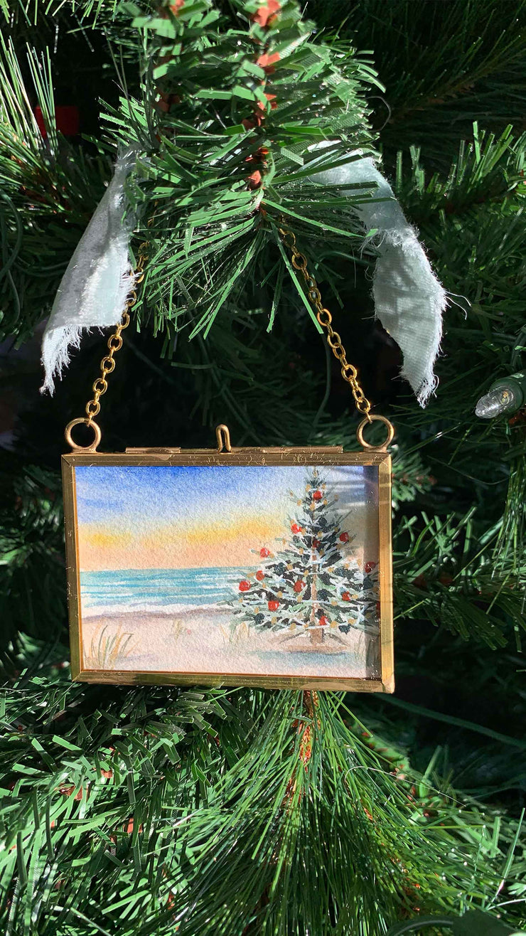 Christmas by the Beach Original Painting in Hanging Brass Frame