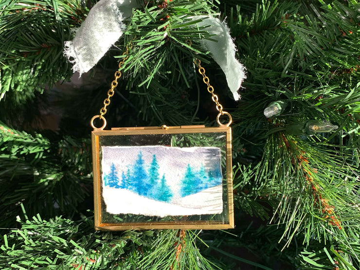 Winter Evergreens Original Painting in Hanging Brass Frame