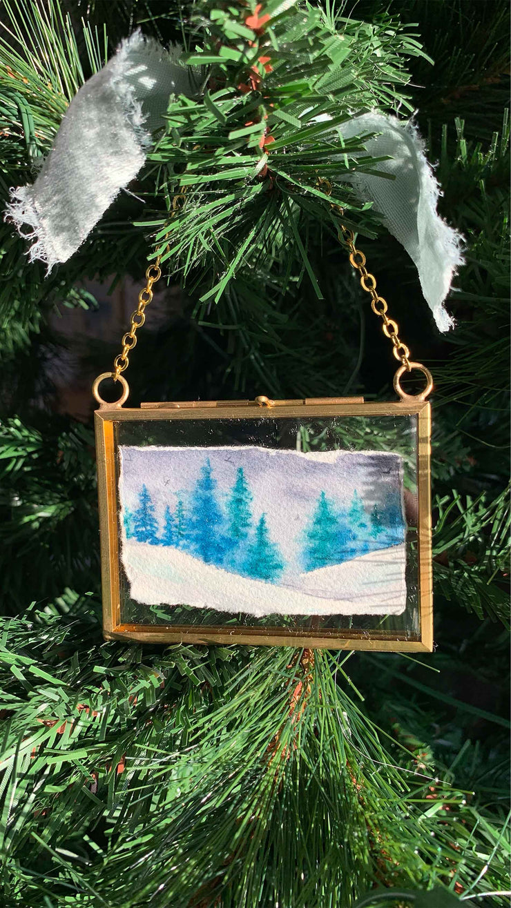 Winter Evergreens Original Painting in Hanging Brass Frame