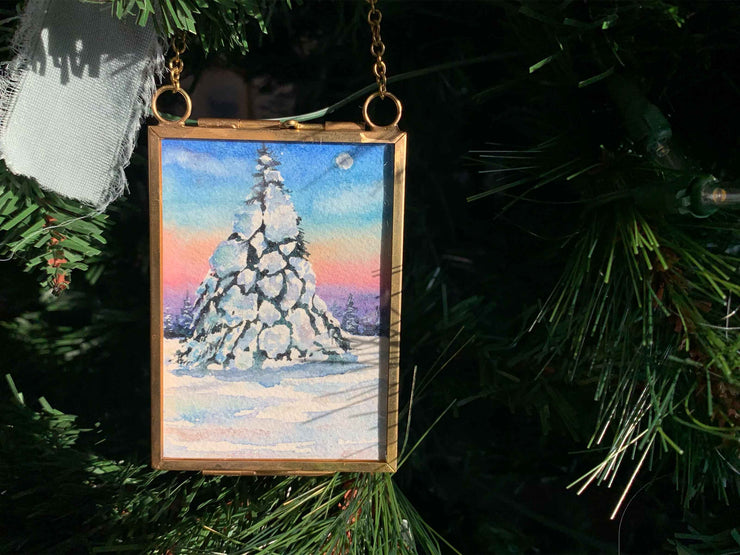 Winter Snow Sunset Original Painting in Hanging Brass Frame