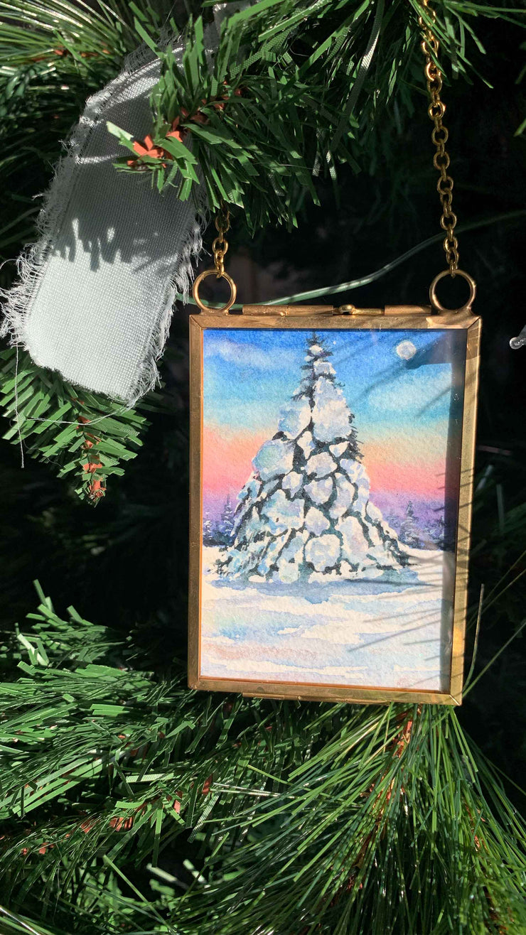 Winter Snow Sunset Original Painting in Hanging Brass Frame