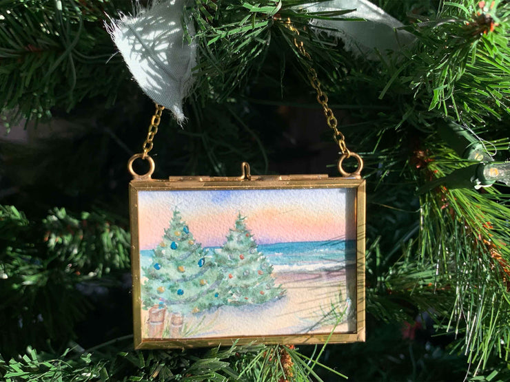 Sparkling Christmas Beach Trees Original Painting in Hanging Brass Frame