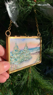 Sparkling Christmas Beach Trees Original Painting in Hanging Brass Frame