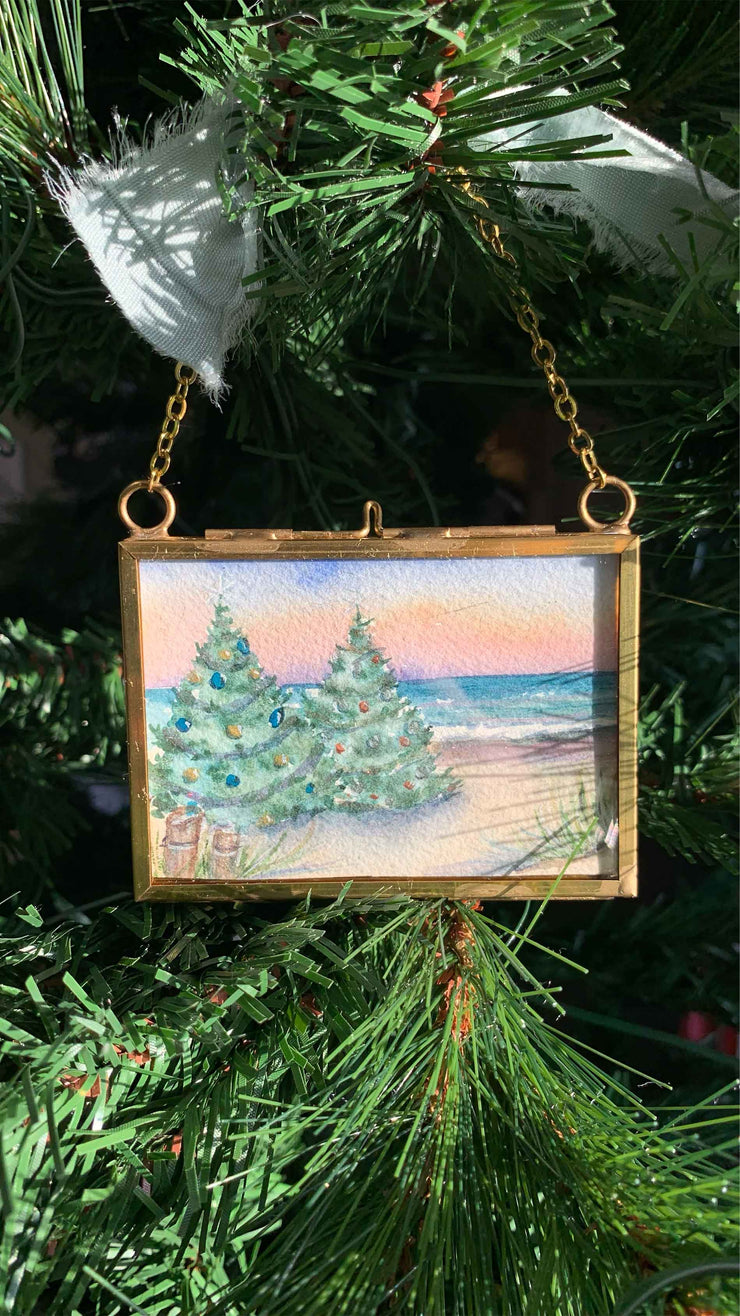 Sparkling Christmas Beach Trees Original Painting in Hanging Brass Frame