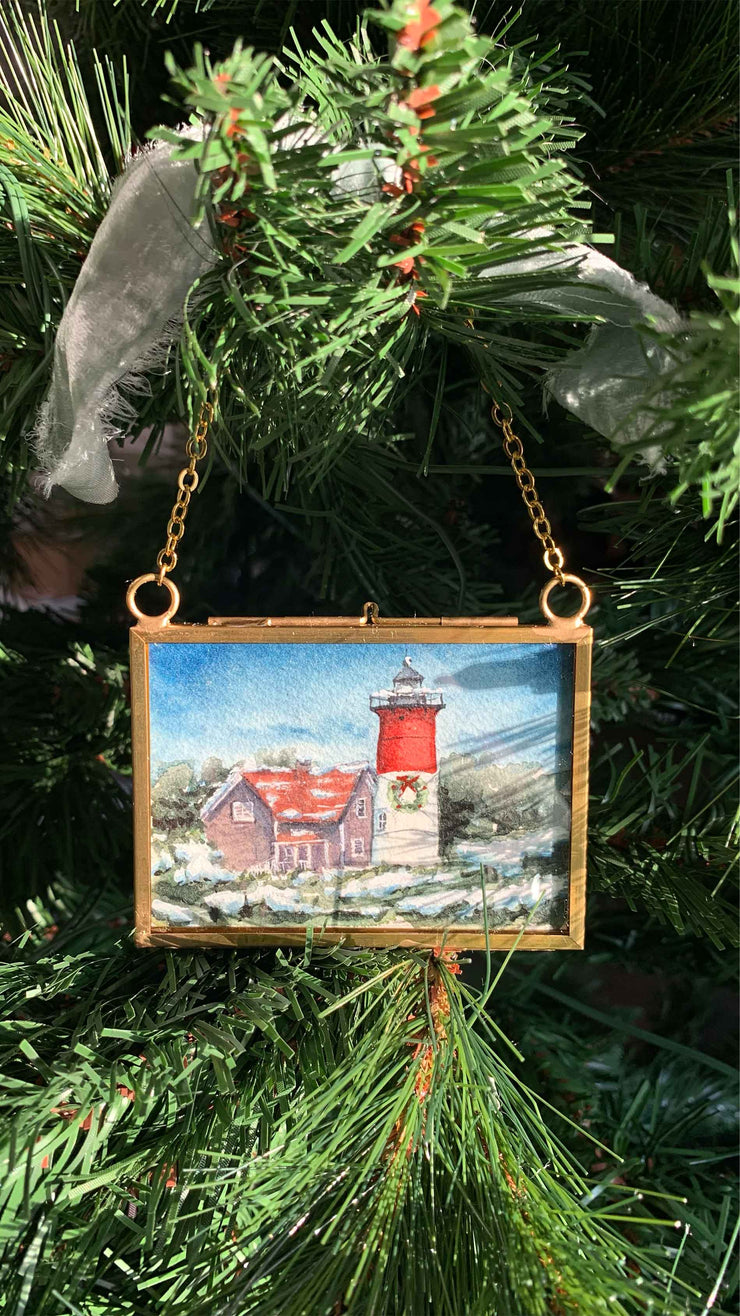 Nauset Light Christmas Blue Original Painting in Hanging Brass Frame