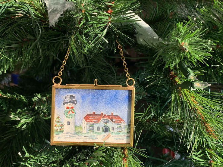 Chatham Light Christmas Original Painting in Hanging Brass Frame