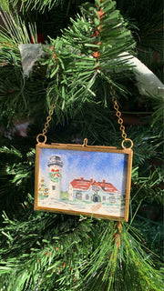 Chatham Light Christmas Original Painting in Hanging Brass Frame