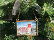 Nauset Light Christmas Blue Original Painting in Hanging Brass Frame