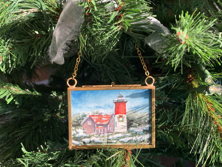 Nauset Light Christmas Blue Original Painting in Hanging Brass Frame