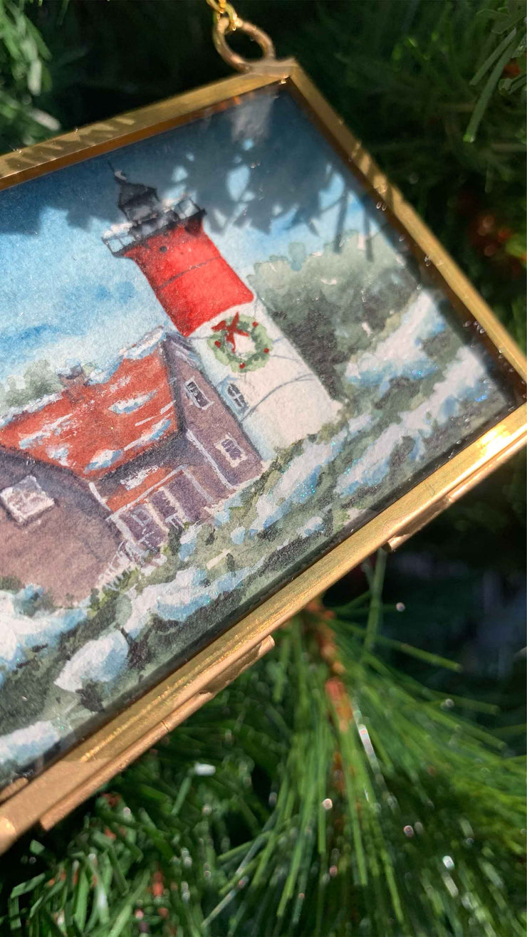 Nauset Light Christmas Blue Original Painting in Hanging Brass Frame