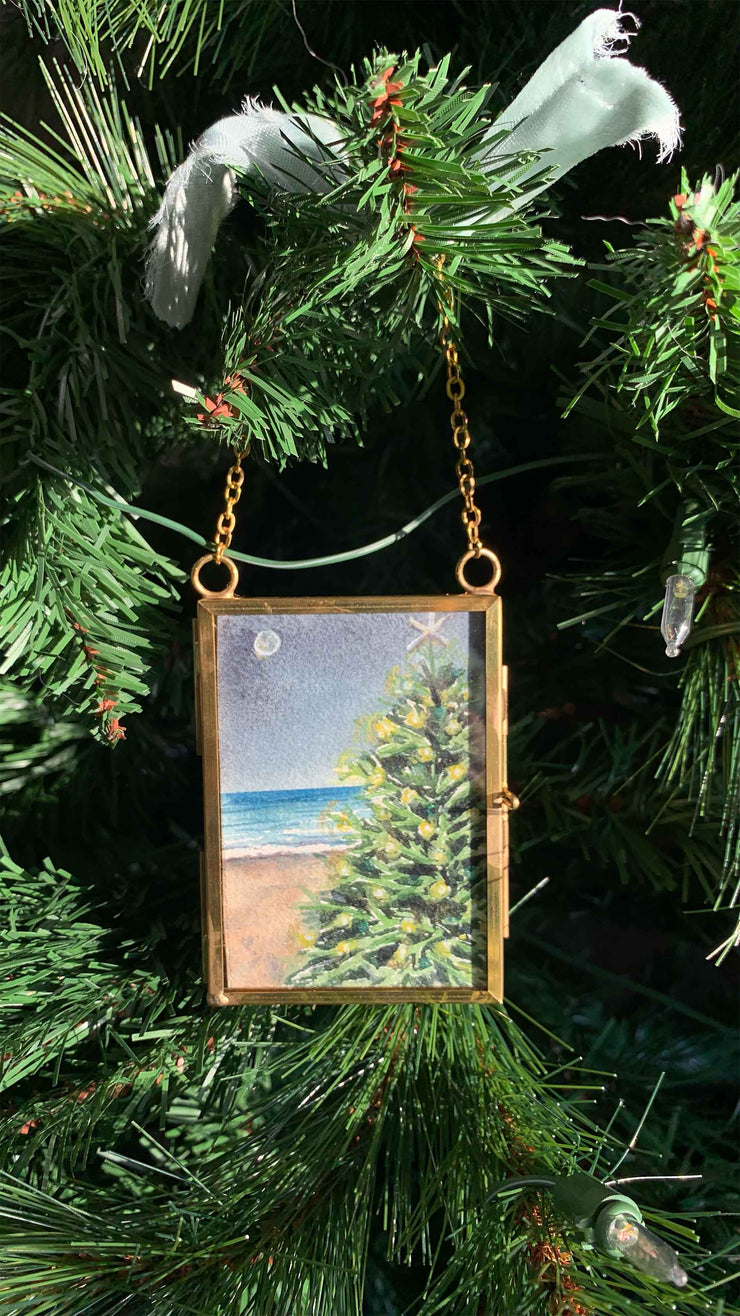 Christmas Beach Moonlight Blue Original Painting in Hanging Brass Frame