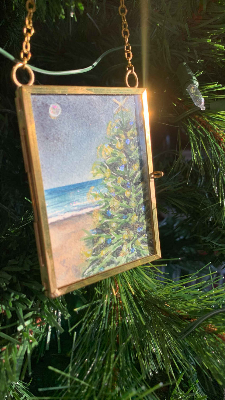 Christmas Beach Moonlight Blue Original Painting in Hanging Brass Frame