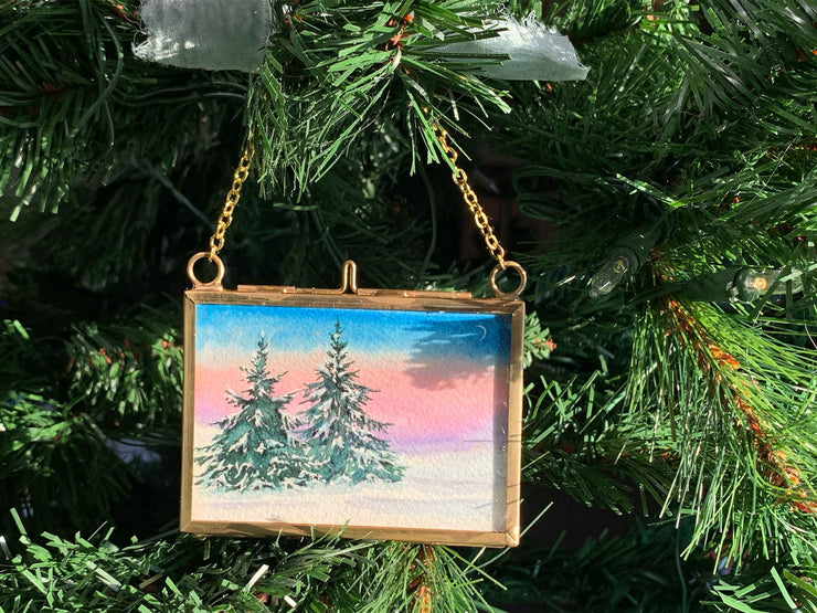 Winter Sunset Original Painting in Hanging Brass Frame