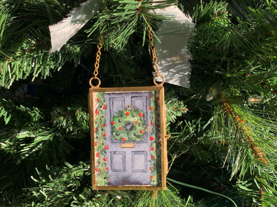 Christmas Door Original Painting in Hanging Brass Frame