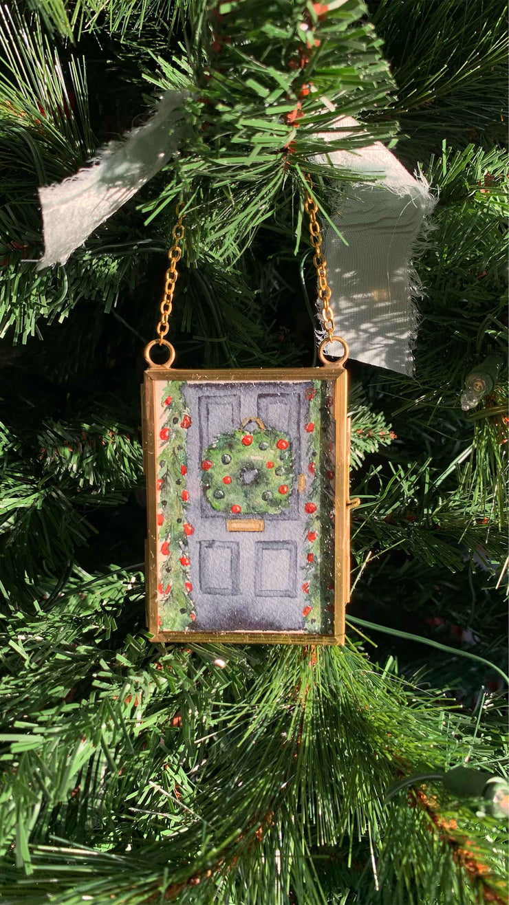 Christmas Door Original Painting in Hanging Brass Frame