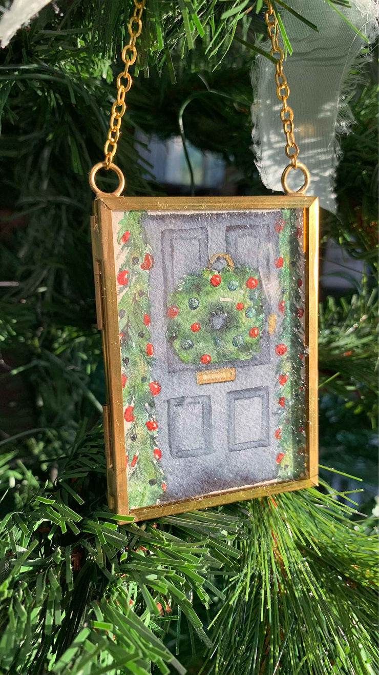 Christmas Door Original Painting in Hanging Brass Frame