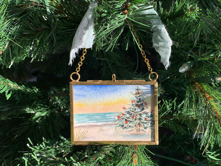 Christmas by the Beach Original Painting in Hanging Brass Frame