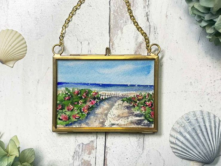 Pathway of Beach Roses Original Painting in Hanging Brass Frame