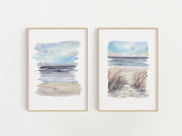 Watercolor Blue Seascape Print Set- Coastal Wall Art (Set of 2)