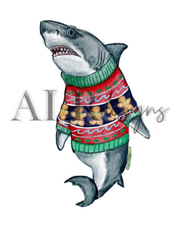 Christmas Sweater Shark 8x10 or 5x7 Fine Art Print