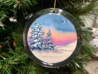 Hand-painted Watercolor "Snowy Winter Sunset" Ornament