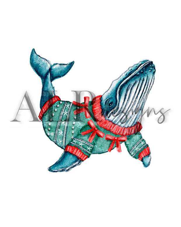 Christmas Sweater Whale 8x10 or 5x7 Fine Art Print