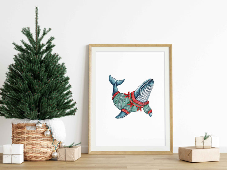 Christmas Sweater Whale 8x10 or 5x7 Fine Art Print