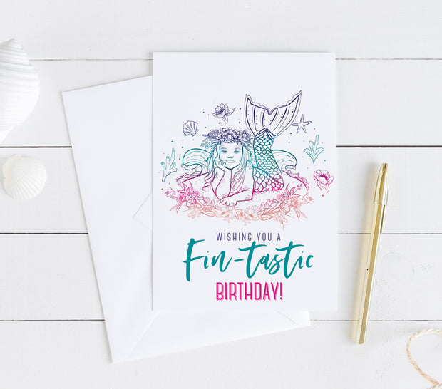 Fintastic Mermaid Birthday 5x7"  Blank Greeting Card