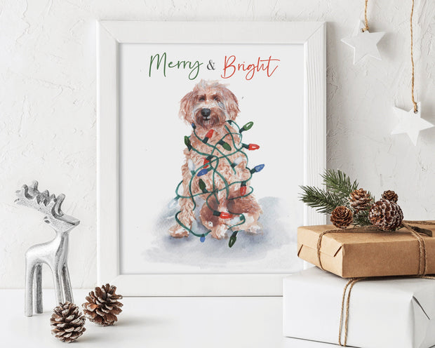 Merry and Bright Doodle  8x10 & 5x7 print, cute  christmas wall art, christmas dog art, holiday pet art, christmas decoration, holiday decor