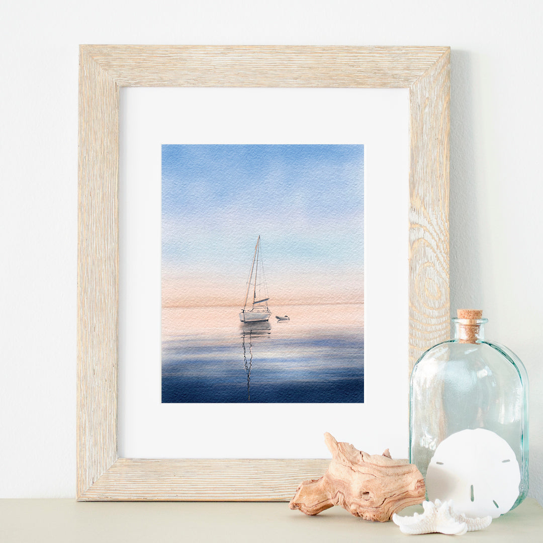 Sailboat in the harbor II, Black & White - 8x10 high quality print, 11x14 frame with mat