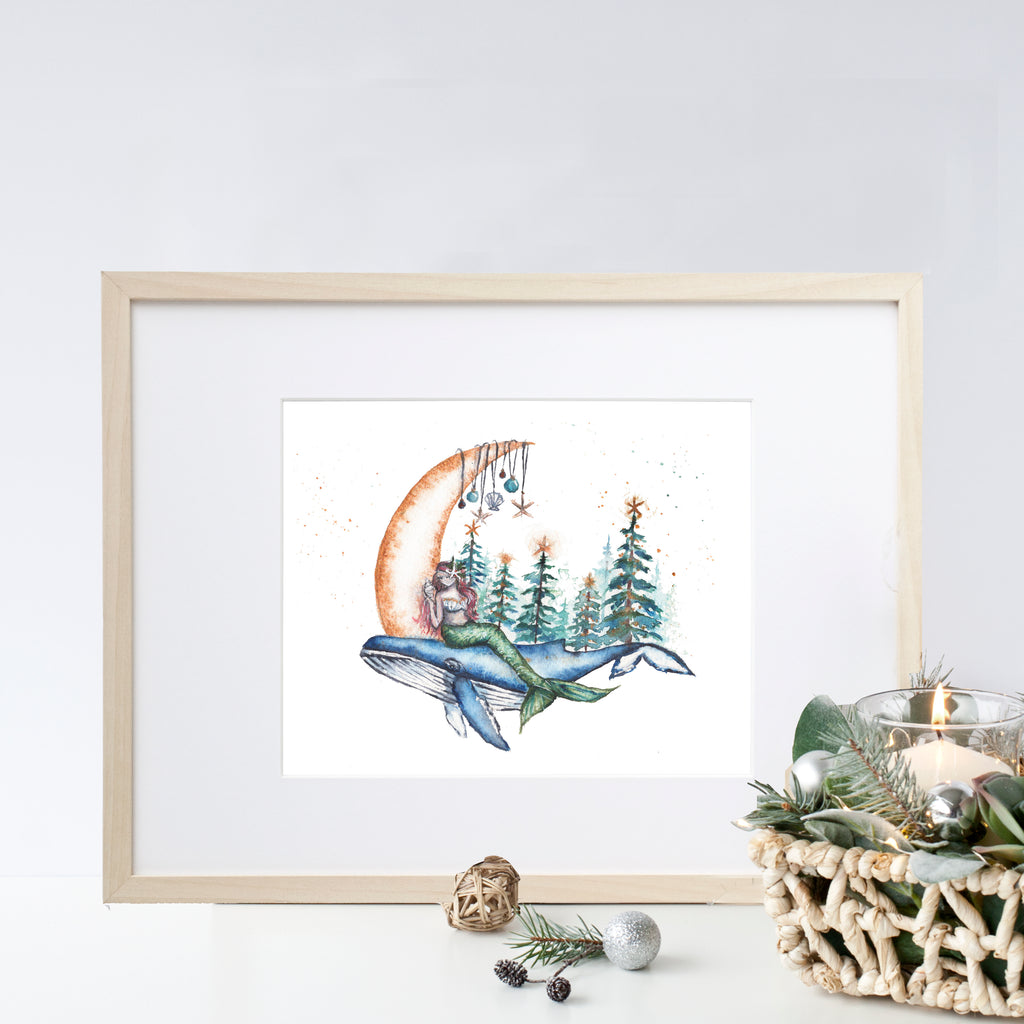 Christmas Mermaid & Whale 8x10 & 5x7 Fine Art Print – ALR Designs